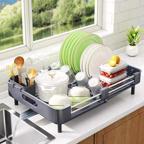 SAYZH Abtropfgestell, Erweiterbar (33,5 CM-50 cm) Geschirrabtropfgestell, Edelstahl Abtropfgestell Geschirr mit Utensilienhalter Becherhalter für Küchentheke Spüle Organizer(Grau)