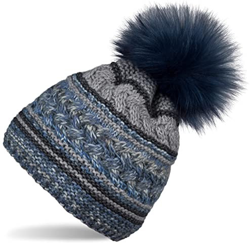 styleBREAKER Damen Strick Bommelmütze mit Buntem Mustermix und Fleece Futter, Winter Fellbommel Mütze, Strickmütze 04024202, Farbe:Dunkelblau-Grau