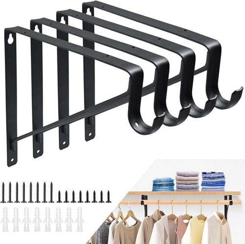 ASelected 4 Pezzi Staffe per Mensole con Gancio, Supporto Mensola e Reggimensola 275 x 275 x 2,5 mm, Nero con Viti e Tasselli per Parete, Garage e Libreria
