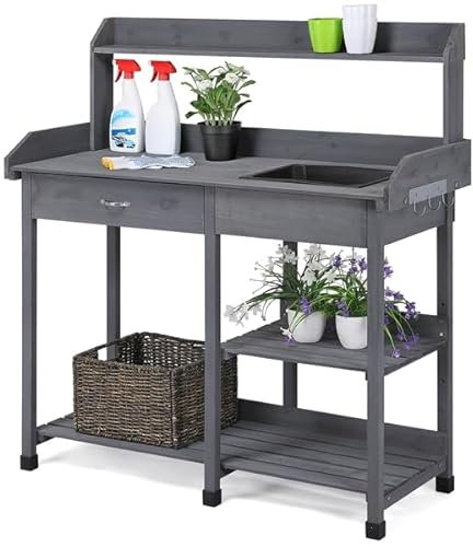 Yaheetech Mesa de Cultivo Jardinería para Plantación con Terraza Balcón Gancho Fregadero Cajón 114.8x45x121 cm Gris