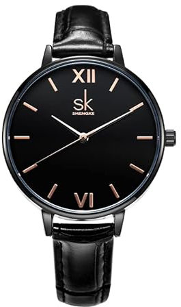 SHENGKE Frauen Uhren Lederband Luxus Quarz Uhren Kleid Mädchen Damen Armbanduhr Schwarz