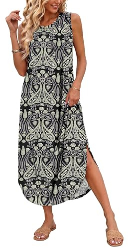 AUSELILY Robe Longue Femme Ete sans Manches Robe de Plage Maxi Casual Femme Longue avec Poches Boho Fleuri Noir1 L