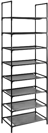 Zapatero estrecho 8 niveles | Estantería multiusos modular para zapatos | 140x30x45cm | Estante metálico ligero y resistente | Ideal para recibidor | armario | dormitorio o espacios reducidos (Negro)