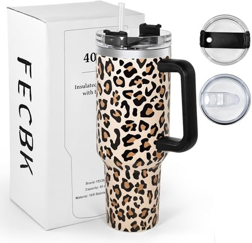 FECBK Bicchiere da 1180 ml con manico e cannuccia, tazza da viaggio 100% a prova di perdite, in acciaio inox, a doppia parete, isolata sottovuoto, mantiene il freddo per 34 ore, senza BPA, ghepardo