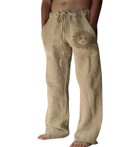 Puimentiua Cotton Linen Pants Men Summer Beach Pants Loose Fit,Coffee,M