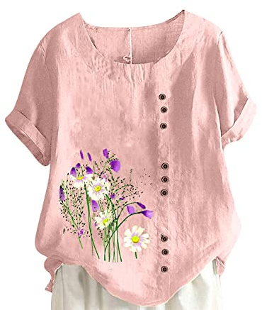 FOCLMP Women Floral Print Linen Shirts Short Sleeve Gauze Tops Loose Fit Cotton Blouses Trendy 2024 Clothing Girl Clothing Gray S