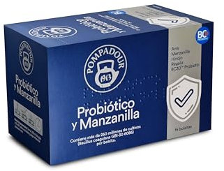 Pompadour | Probiótico y Manzanilla | Ayuda a la Flora Intestinal | Con Probiótico BC30 | Sin Teína | 15 Bolsitas de 1,75 Gr
