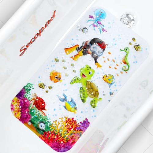 Secopad Tappetino da bagno per bambini, 70 x 38 cm, antiscivolo, con fori di scarico e ventose, lavabile in lavatrice, tartaruga