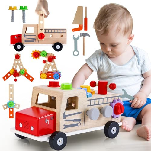 Aragallant Werkzeugkoffer Kinder Werkbank, Werkzeug Kinder Montessori Spielzeug ab 1 2 3 Jahre, Holzspielzeug Werkzeugkasten Werkzeugwagen Lernspiele Geschenk Junge Mädchen 2 3 4 Jahre