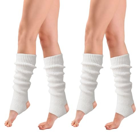 FUIPVGI 2 Paar Bein Stulpen Damen, Winter Lange Gestrickt Ballettstulpen mit Fersenloch Beinwärmer, Knöchelwärmer für Ballett Yoga Frauen und Mädchen (Weiß)