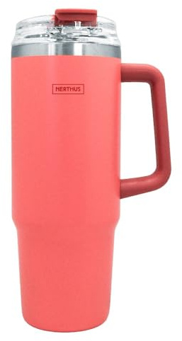 Nerthus FIH 1438 taza térmica 900 ml coral con tapa pajita ideal para trabajo coche viajes