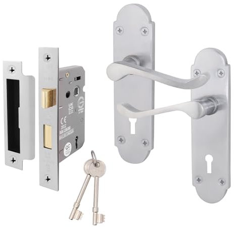 EAI Satin Door Handle Key Lock Set - Victorian Scroll Shaped | 1 Pair of Internal Satin Chrome Lever Lock Handles on Backplate with Sash Lock (64mm) & Keys