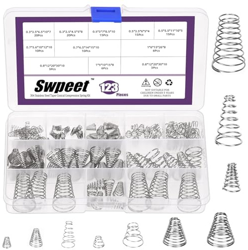 Swpeet 123 st 10 storlekar 0,3/0,5/0,7/0,8/1 rostfritt stål konisk fjäder konisk fjädersortimentsats, metall tornfjädrar koniska fjädrar, små kompressionsfjädrar för reparation