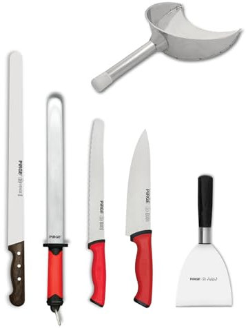 Pirge Profi Kebab knivset för Shawarma Shop – kebab-knivset om 6 stycken – 36 cm kebab kniv – 21 cm kockkniv – 22,5 cm brödkniv – 30 cm brynstål – rostfritt stål kebab-spade – spatel