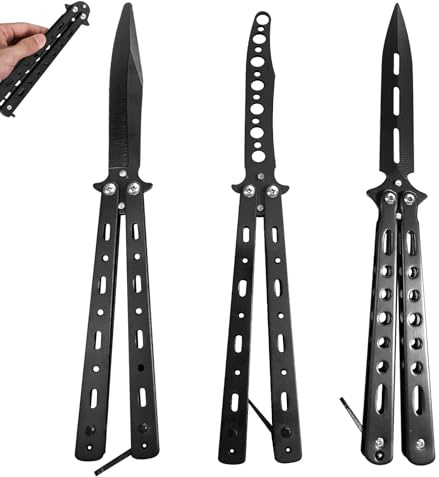 WANDGU 3 Pièces Butterfly Trainer : Couteau Papillon d’Entraînement Lame Non Aiguisée Peigne Papillon Acier Inoxydable pour Couteau d’Entraînement Balisong Débutant – Pour S’exercer Aux Figures (Noir)