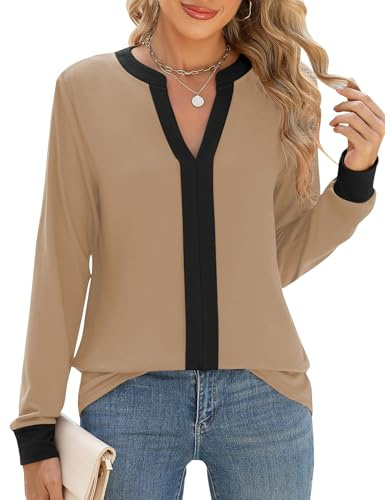 Cuptacc Chemisier Femme Chic et Élégant Col en V Tunique Femme Manche Longue Haut Plissée T Shirt Noir Kaki, Grand L 42-44