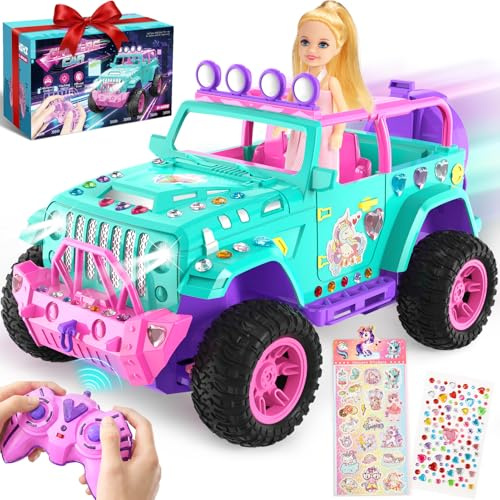 HappyGoLucky Coche Teledirigido con Muñeca & Pegatinas, Juguete Regalo para Niñas 3-10 Años, 4x4 Jeep SUV RC Radiocontrol y Cumpleaños