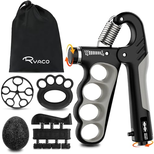 RYACO Handtränare, fingertränare, handtagstränarset, justerbart underarmsgrepp (5–100 kg), fingertränare, fingersträckare, greppring och stressreducerande greppboll för muskelträning (6 delar)