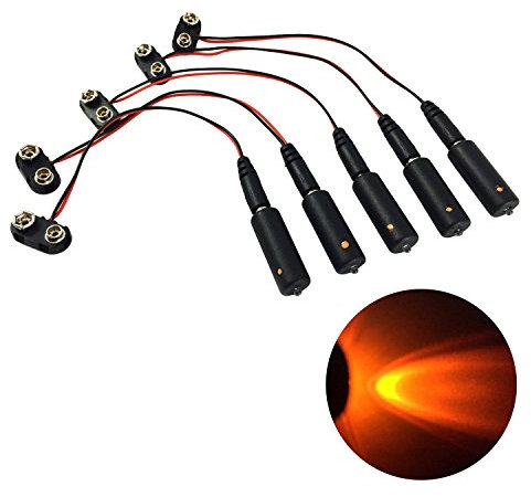 5 pack orange LED micro effects lights with DC barrel connector jack 2.1mm x 5.5mm and 9V battery clips with DC barrel plug for props scenery special effects