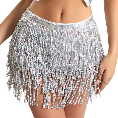 Wuchieal Pailletten Glitzer Rock Bauchtanz Hüfttuch Kostüm Quaste Outfits Gürtel Festival Kleidung (Silber, One Size)