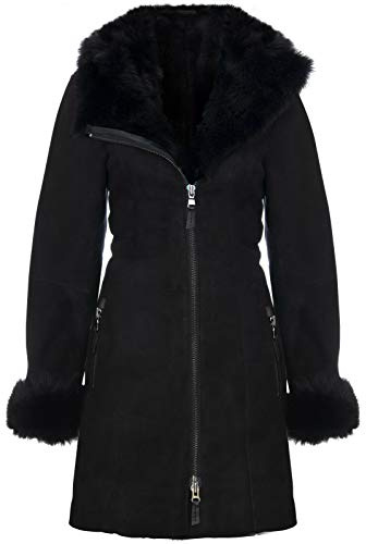 Manteau Veste Toscana en Daim à Capuche Noir en Peau de Mouton Mérinos 2XL