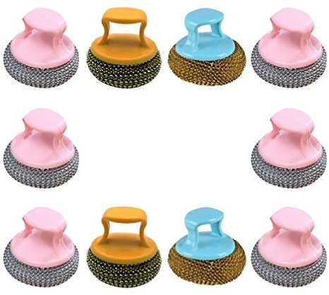 Cabilock 10 Stück Edelstahl Schwamm Topfreiniger Putzschwamm Drahtbürste Reinigungsbürste Reinigungswerkzeug mit Griff für Restaurant Küche Topf Pfanne Geschirr Grill Zufällige Farbe