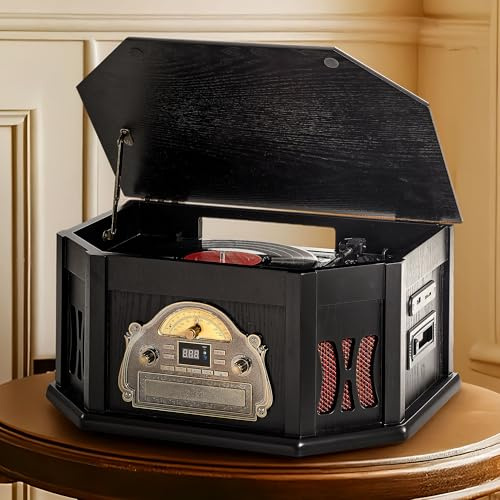 ORCC Tourne-disque vintage 10 en 1, avec carte cadeau, platine vinyle pour 33/45/78 tr/min, lecteur CD/USB/SD, Bluetooth et télécommande, radio FM/AM pour les amateurs de musique, noir