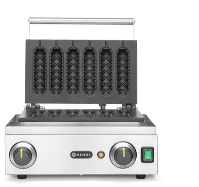 HENDI Våffeljärn Corn Dog, för 6 läckra klubbvåfflor eller majskorstenar, temperatur justerbar från 50° C till 220° C, Teflon® non-stick-beläggning, 230 V, 1 550 W, 390 x 335 x (H) 230 mm, rostfritt
