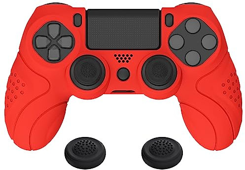 PlayVital Funda de Silicona para ps4/Slim/Pro Mando - Carcasa Protectora Suave y Antideslizante, Carcasa con 2 Tapas de Joystick, Diseño Ergonómico - Edición Guardian (Pasión Rojo)