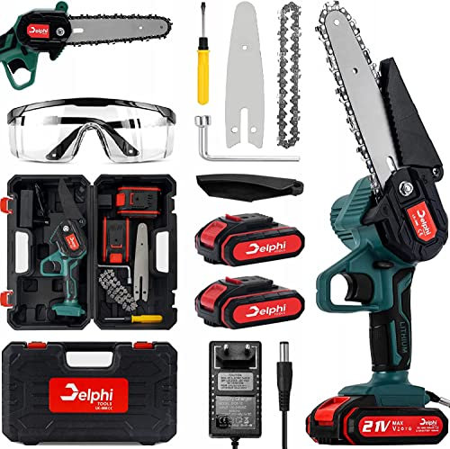 Delphi Sega a catena a batteria, 6, D-04, 2 x 21 V, 1500 mAh, 1000 W, senza spazzole, mini motosega circolare con batteria, sega elettrica per tagliare rami, alberi da giardino, senza fili portatile