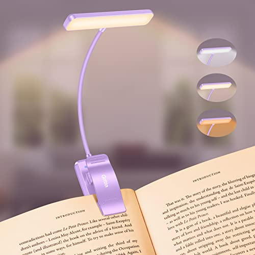 Gritin 19 LED Lampada Luce da Lettura per Libro, Luce per Lettura Libri a Letto con Clip Ricaricabile, 3 Temperature di Colore, Dimmerabile Senza Livelli, Lunga Durata, per Studio-Viola
