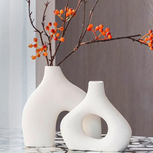 White Ceramic Vase Set of 2 for Modern Room Decor,Round Matte Donut Vases for Pampas Grass,Neutral Boho Decor,Nordic Minimalism Style Flower Vases, Bedroom Decor Living Room Accessories Dinner Table