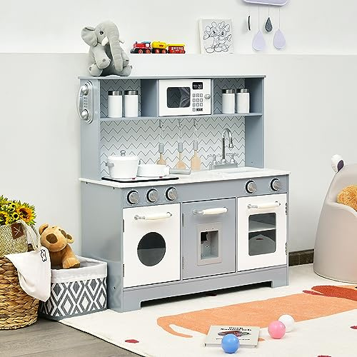 RELAX4LIFE Cocina de juguete de madera para niños, mini cocina con horno, microondas, dispensador de agua y teléfono, luces y sonidos realistas, para niños a partir de 3 años