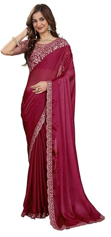 TRENDMALLS Women's Silk Embroidered Heavy Border Saree with Unstitch Designer Blouse Piece (K998-Purple)