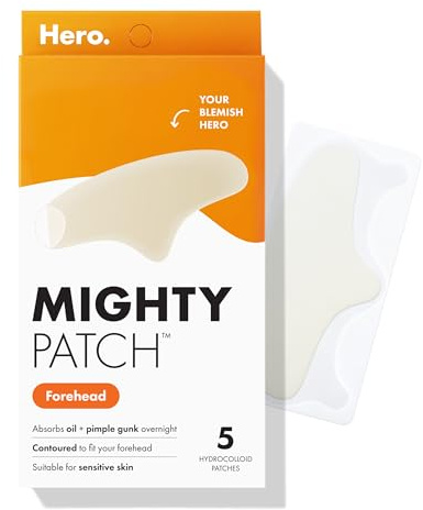 Hero Cosmetics Mighty Patch™ Forehead Patch - Hydrocolloid Acne Pimple Patch, Contoured to Cover Larger Area of Zits and Blemishes - Drug-Free and Suitable for Sensitive Skin (5 Count)