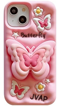 QoKcoahn Fodral för iPhone 15 Pro Max, roligt 3D-tecknat fodral, sött kawaii-telefonfodral, fallsäkert, med linsskydd, i mjuk silikongel, för kvinnor och flickor, rosa fjäril med fäste