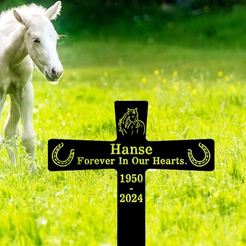 Goodqueen Custom Horseshoe Horse Memorial Grave Marker, Personalized Horse Memorial Plaque Metal Horse Sympathy Gift Memorial Cross for Grave, Customized Horse Memorial Garden Stake Yard Stake Sign