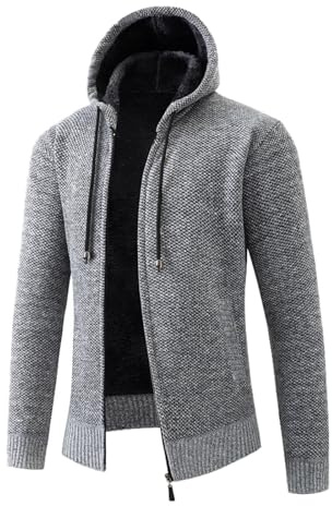Bauzuoyo Chaqueta de punto de invierno para hombre con capucha, chaqueta de transición para hombre, color sólido, suéter de punto con cremallera y bolsillos, gris claro, L