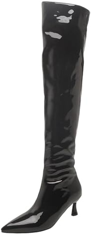 HSyc JRX Stivali sopra il ginocchio con tacco alto 5 cm sopra il ginocchio in vernice, Nero , 37 EU