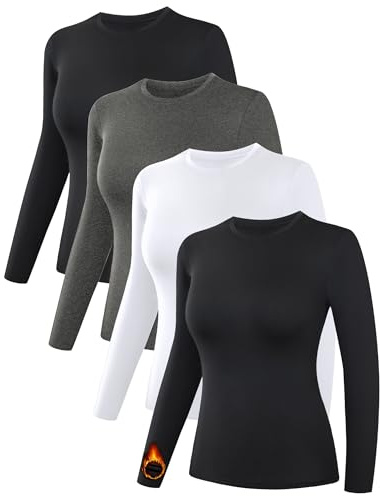Dalavch 4 Pack Women’s Thermal Shirts, Women Fleece Lined Compression Long Sleeve Base Layer Tops for Winter Cold Weather 2 Black 1 Heather Gray 1 White Large