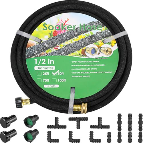 MAMIZO Soaker Hose Kit 50 ft 1/2, Solid Brass Connectors Rubber Longer Lasting, Heavy Duty Drip Hose to Save 70% Water, Soaker Hose for Garden, Lawn and Yard