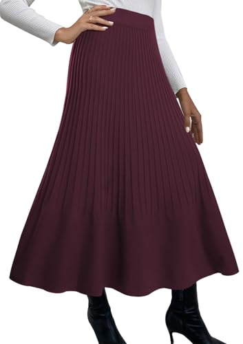 Adigaber Women's Long Skirts High Waist Knitted Pleated Skirt A-Line Elasticated Waist Winter Skirt Claret