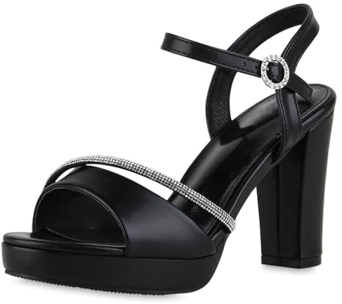 VAN HILL Damen Riemchensandaletten Blockabsatz Strass Party Schuhe 217349 Schwarz 37