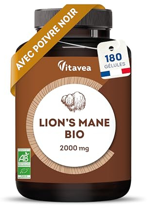 Lions Mane 2000 mg – Estratto 30:1 di Fungo Criniera di Leone BIO (Hericium Erinaceus) – 180 Capsule Vegane con Pepe Nero – Integratore per Memoria, Concentrazione e Difese Immunitarie – Vitavea