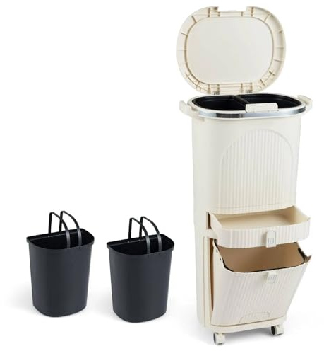 COSTWAY 42 L Pattumiera Differenziata, Secchio Spazzatura a 3 Scomparti con Cassetto e Coperchi, 2 Secchi Rimovibili Pedale e Ruote, Bidoni Differenziata per Bagno Cucina Ufficio