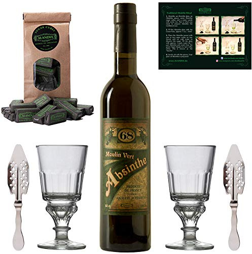 Absinth Set Moulin Vert von ALANDIA | Prämierter original Absinthe aus Frankreich | Mit 2x Gläser 2x Löffel 1x Zucker | (1x 0,5 l)