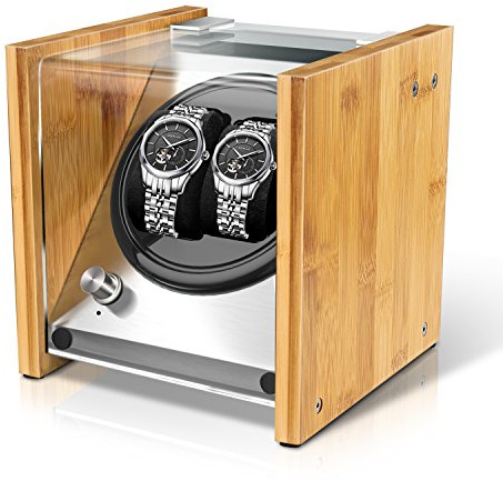 Watch Winder Smith Real Bamboo Double Watch Winders for Automatic Watches, Precision Engineered Quiet 4 Modes Rotation and Dual Power Flexibility​ AC/DC