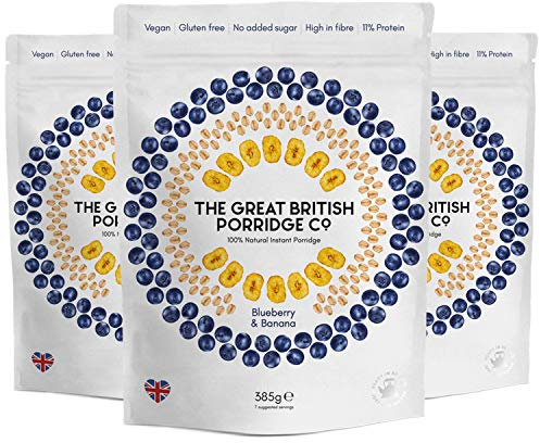 The Great British Porridge Co Porridge istantaneo nutriente senza glutine e vegano (mirtillo e banana, confezione da 3)