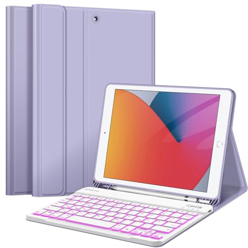FINTIE Tastatur Hülle für iPad 9 8 7 Generation (2021/2020/2019) 10.2 Zoll, 7-farbig beleuchtete abnehmbare Tastatur mit Schutzhülle, QWERTZ Layout, Violett