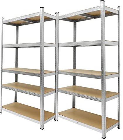 ECD Germany Juego De 2 Estanterías Para Cargas Pesadas 200x100x50 cm De Metal Galvanizado Con 5 Estantes De Madera Tableros MDF Cargable Hasta 750kg Montaje Sin Tornillos Banco De Trabajo Taller